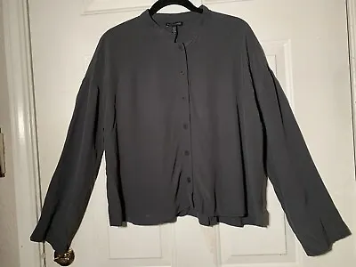 Eileen Fisher M  Gray Tencel Viscose Mandarin Collar Boxy Shirt Blouse • $29.50