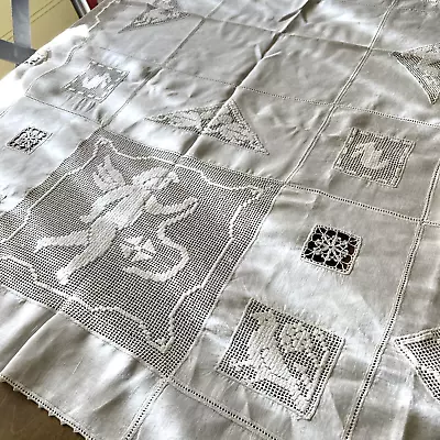 Vintage Linen Tablecloth Handmade Figural Lace Birds Angels Griffin   54  X 54  • $75