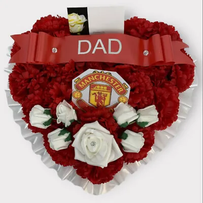 Artificial Man Utd Funeral Flowers Heart Wreath Memorial Grave Tribute Dad • £24.99