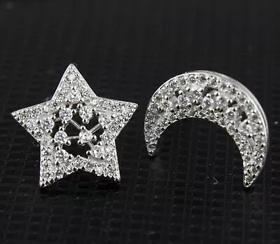 Fashion Women 925 Sterling Silver Shining CZ Moon And Star Post Earring Stud • $16.50