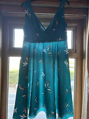 Retro Vintage 1950's Swing Bird Print Midi Dress In Teal Size 22 • £15