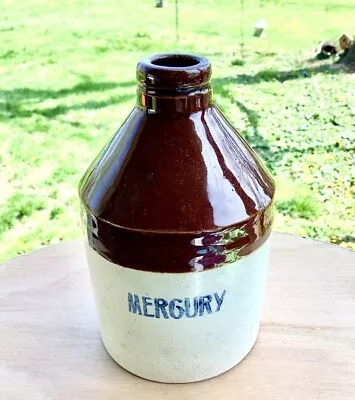 Vintage Medical Mercury 5” Stoneware Crock Jug Bottle Brown White Glaze • $12