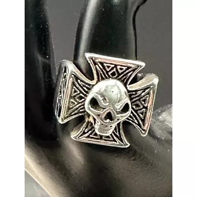 Stainless Steel Skull Maltese Cross Statement Ring Goth. Biker Size 9 • $32