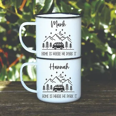 Personalised Camping Line Art Enamel Camping Mug - Tin Camp Mugs Campervan • £12.45