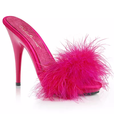 Fabulicious POISE-501F Satin-Maribou Fur 5  High Heel Platform Slide Sandal. • $55