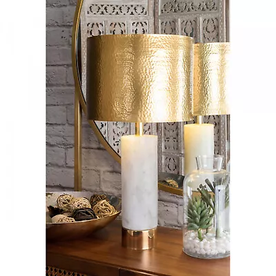 White Marble Table Lamp Heavy Round Cylinder Base W/Gold Hammered Metal Shade • $175.60