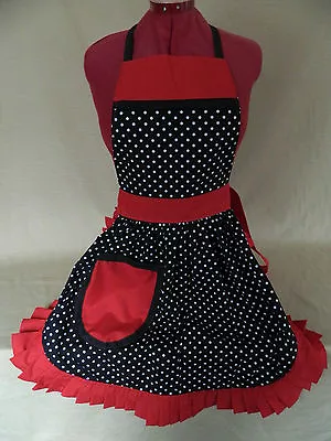 RETRO VINTAGE 50s STYLE FULL APRON / PINNY - BLACK & WHITE SPOT With RED TRIM • £25.99