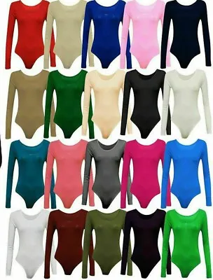 Ladies Women Scoop Neck Bodysuit Long Sleeve Leotard Plain Stretch Top Casual • £6.99