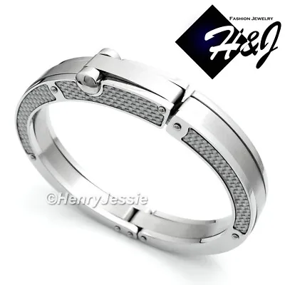 MEN Stainless Steel 12mm Silver Carbon Fiber Stripe Bangle/Handcuff Bracelet*B67 • $39.99