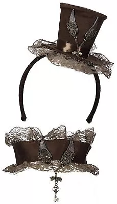 Mini Steampunk Top Hat Headband N' Choker Cocktail Brown Women Costume Accessory • $11.95