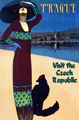 Prague Czech Republic Girl Beach Black Cat Tourism Vintage Poster Repro FREE S/H • $28.64