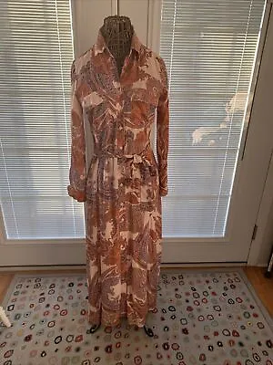 ZARA Orange Cream Pink Paisley Maxi Midi Shirt Waist Tie Dress Size SMALL • $29.99