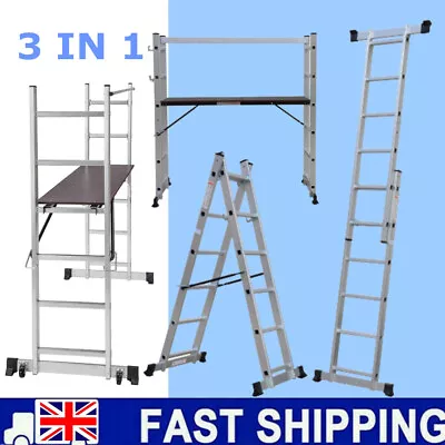 3 IN 1 Multi-Function Aluminium Safety Scaffold Tower Working Ladder W/Platform • £118.97