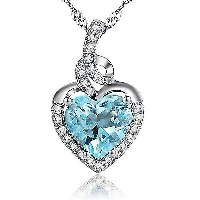 Heart Birthstones Necklace Sterling Silver Simulated Aquamarine Pendant Her Gift • $41.41