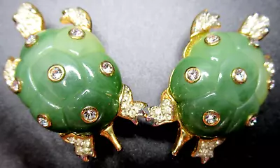 KJL KENNETH J LANE Green Faux Jade Rhinestone Turtle Vintage Clip Earrings • $99.99
