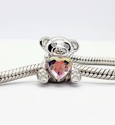 💖 Cute Pink Teddy Bear Charm Bead & Love Heart Genuine 925 Sterling Silver 💖 • £18.95