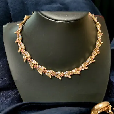 Vintage Necklace Choker Mid Century Pink Blue Pave Rhinestones Gold Tone 16” • $23