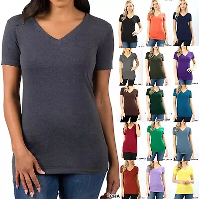 $9.99 • Buy Womens Basic V-NECK SHORT SLEEVE Cotton T-Shirt Top Stretch Solid Layering Plain