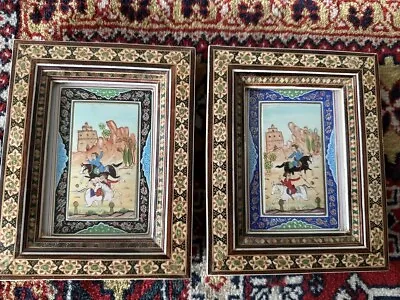 Pair Of VTG Persian Hunting Scene Oil Painting Bone Khatam Wood Frame • $67