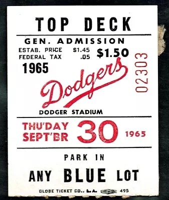 1965 Baseball Ticket Dodgers Braves Niekro  L.a. Debut  Don Drysdale Win #23/23 • $17.50