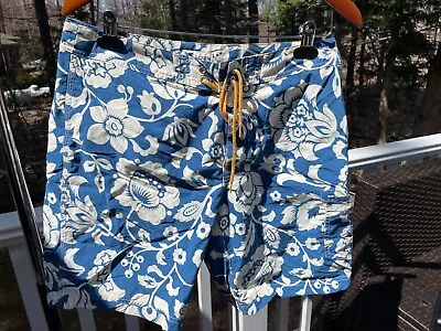 J. Crew Men's 32 Blue Nylon Floral Hawaiian Tropical Board Shorts Swim Suit • $18.95
