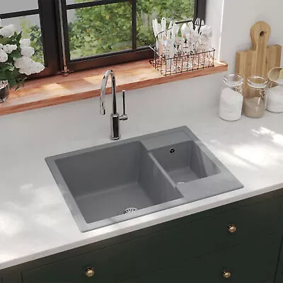 Kitchen Sink With Overflow Hole Double Basins Grey Granite Q2R5 • £253.99