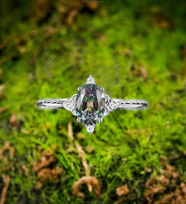 $1033.75 • Buy Gift For Her 14k White Gold Alexandrite Moissanite Bridal Art Deco Wedding Ring