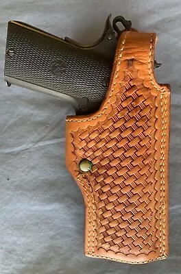 Vintage TEX SHOEMAKER & SONS  45HA  RH TAN BSKTWVE Leather Holster For Colt 1911 • $41.99