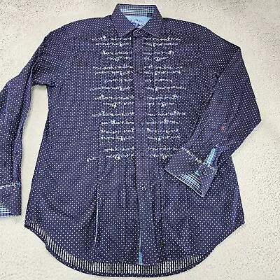 Robert Graham Shirt Mens Medium Size Blue Embroidered Floral Silk Ruffle Pleat • $34.99