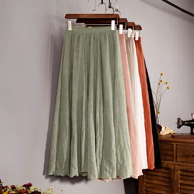 Women Lady Cotton Linen Pleated Maxi Long Beach Boho Skirt Vintage Casual Dress • $8.99