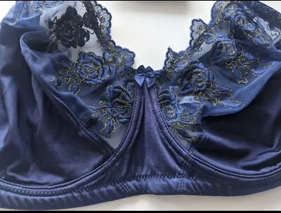 Valbonne Bra Underwired Unpadded Lace Trim Full Cup  Plus Sizes Navy Blue 46H • £15.95