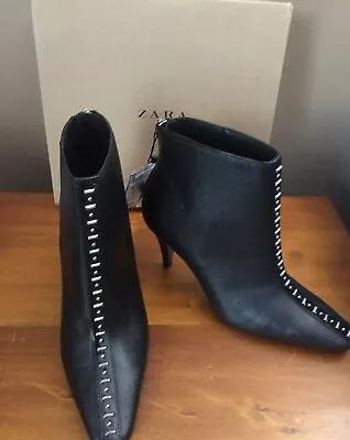 NEW Zara Black Genuine Leather Back Zip Studded Ankle Boots Booties US 7.5 M • $62