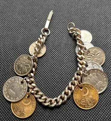 Vtg Silver Tone Charm Bracelet W/10 Foreign Coin Charms 7  Canada Mexico Pakista • $10.55