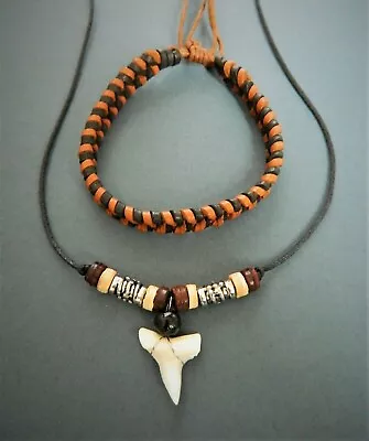 REAL 1cm SHARK TOOTH NECKLACE BRACELET SET BOYS MENS SKATE SURF TEETH PENDANT  • £9.99