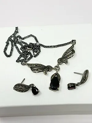 Vintage Sterling Silver Garnet And Marcasites Necklace And Earring Set • $39