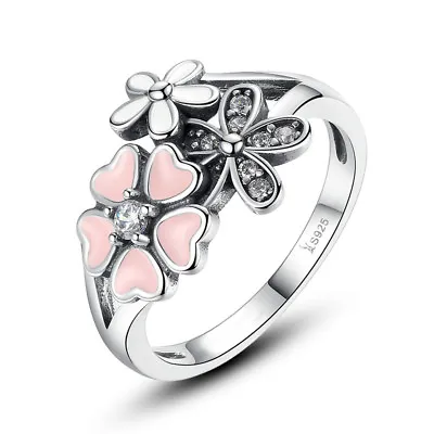 New 925 Sterling Silver Pink Enamel Spring Cherry Blossom Clear CZ Ring Size 6-8 • $9.34