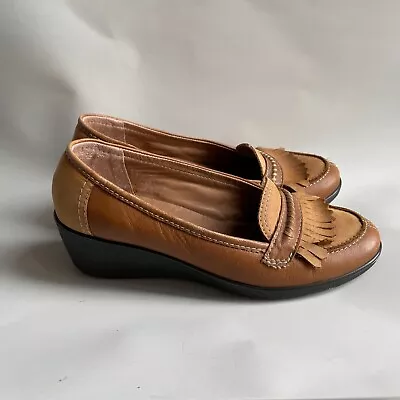 Womens Hotter Pumps Wedge Heel UK 5 Tan Brown Leather Slip On Loafer Fringe • £16.99