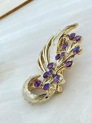 VTG Purple Rhinestone Brushed Gold Costume Jewelry Flower Brooch • $0.99