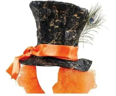 Mad Hatter Top Hat With Orange Hair & A Feather- Alice In Wonderland Fancy Dress • £13.95