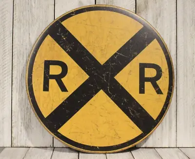 Railroad Crossing Round Warning Tin Sign Metal Vintage Rustic Style Replica  • $13.77
