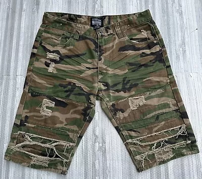 Smoke Rise Shorts Men’s 36 Camo Cameflauge Denim Green Denim Distressed 12” L • $22.85