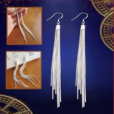 Long Chain Tassel Shaped 925 Sterling Silver Plated Linear Drop Dangle Earrings • £3.99