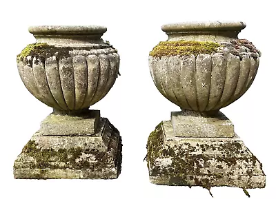 Impressive Pair Of Vintage Stone Pedestal Garden Urn Planters- Flower Ornament • £0.99