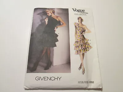 Vintage Vogue Pattern #1702 Misses Cocktail Dress GIVENCHY Size 8 1986 UNCUT  • $14.99