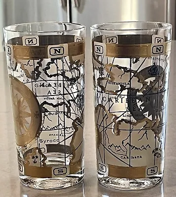 2 MCM Vintage CERA The World Nautical Map Of 1492 Gold Accent Tumbler Bar Glass • $28.99