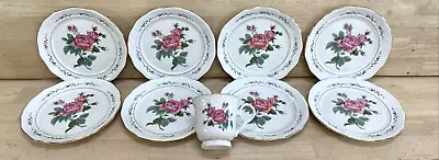 Gibson Salad 8 Plates 1 Cup Pink Victoria Rose China Ceramic Gold Trim Lot Of 9 • $29.95