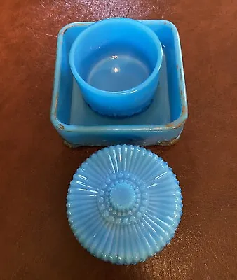 Blue Milk Glass Set Of 3 Square Bowl Cup And Trinket Box • $29.99