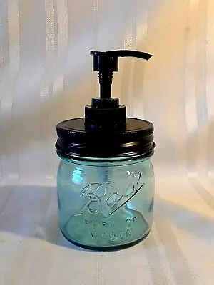 BALL 1/2 Pint Soap Pump Dispenser ~-  Black Wave Pump ~ Mason Jar BLUE • $9.97