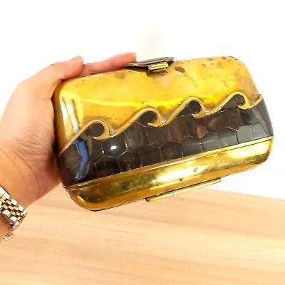 VINTAGE Metal Purse Gold Brass Clutch Small Minaudiere Heavy Ocean Wave 60s RARE • $138.88