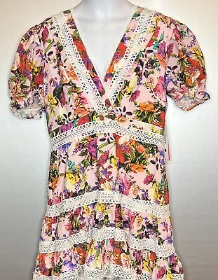 $69.99 • Buy NWT $128 Beautiful Aqua + Mary Katrantzou Floral Lace Trim Dress Woman’s Size L